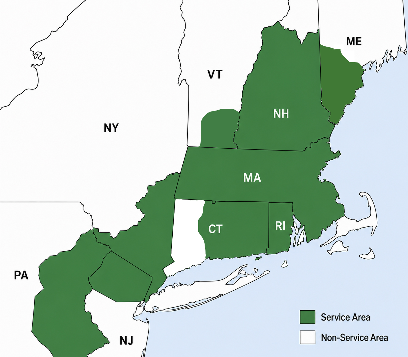 WoodPellets.com home delivery service area across New England, New York, New Jersey, and Pennsylvania