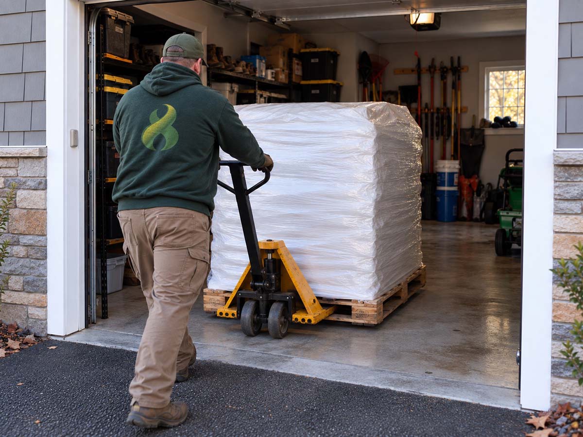 Worker moving a shrink-wrapped pallet of pellets into a garage with a pallet jack